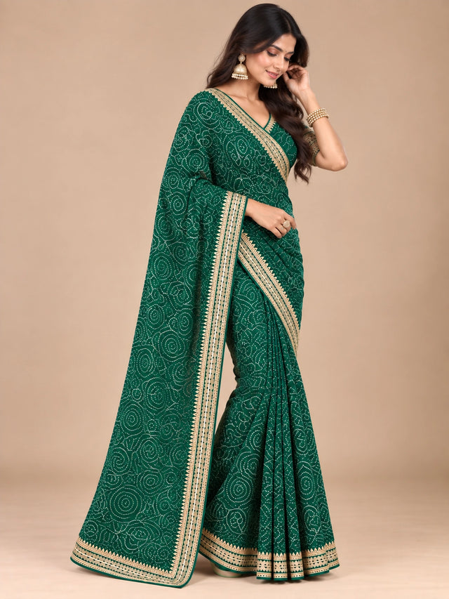 Emerald Green Printed Saree with Elegant Zari Border