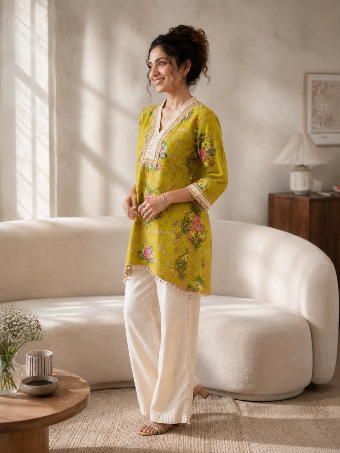 Vibrant Yellow Floral Print Co ord set with Cream Pants
