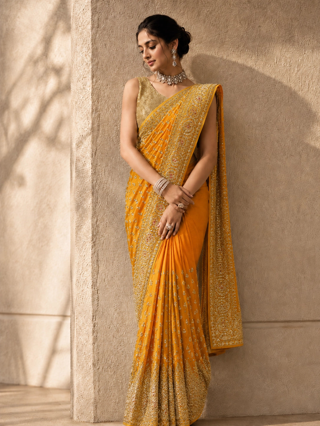 Mustard Yellow Hand Embroidered Designer Saree