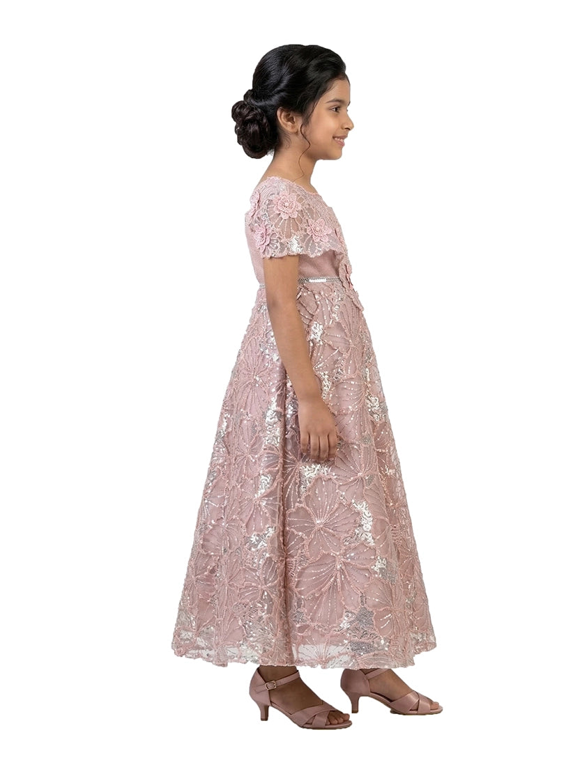 peach embellished party gown for girls with floral lace design crepe satin kids dress