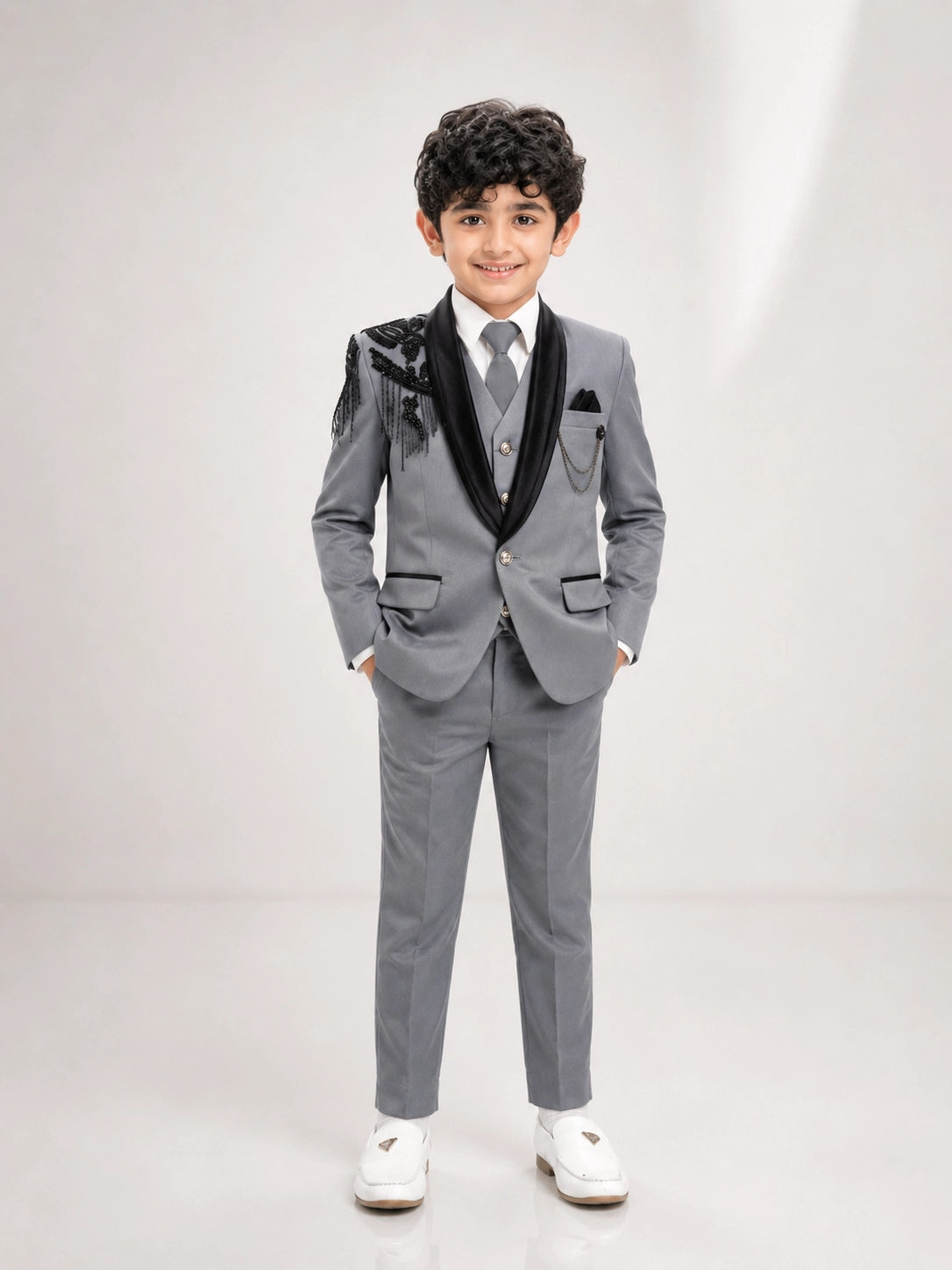 Boys Grey 3-Piece Formal Suit with Black Embellished Blazer