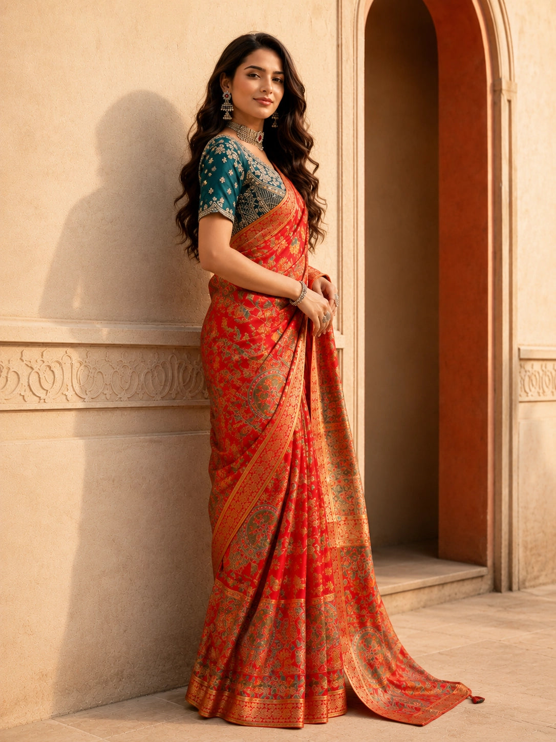 Red Floral Woven Silk Saree with Teal Embroidered Blouse