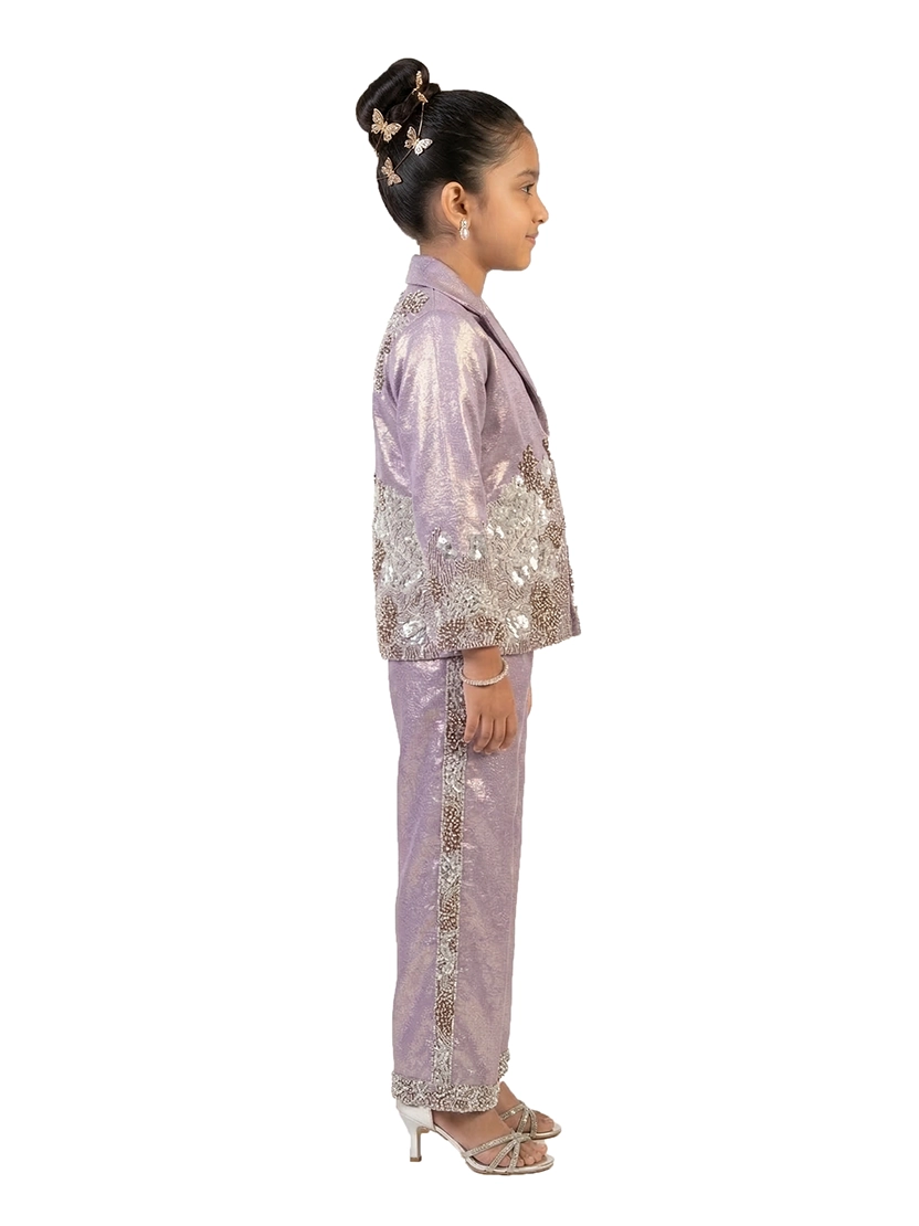 purple embellished co ord set for girls with jacket and pants metallic tissue silk party wear kids outfit