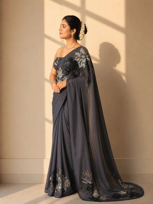 Grey Embroidered Designer Saree for Wedding & Party Wear