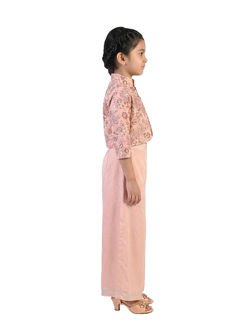 peach printed co ord set for girls with jacket and pants satin silk ethnic party wear kids outfit