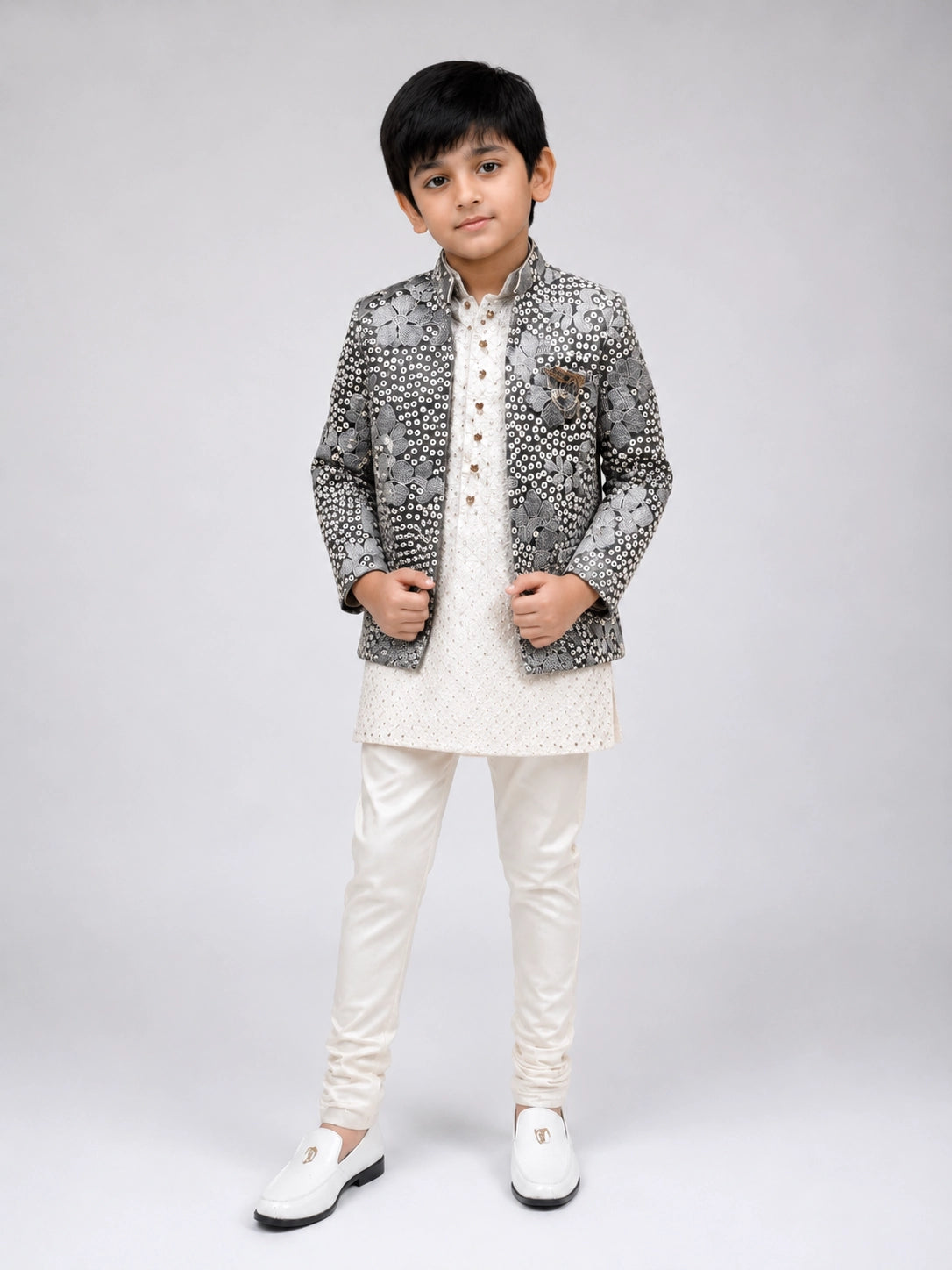 Boys Pista Printed Indo-Western Jacket Set with Cream Kurta & Pajama