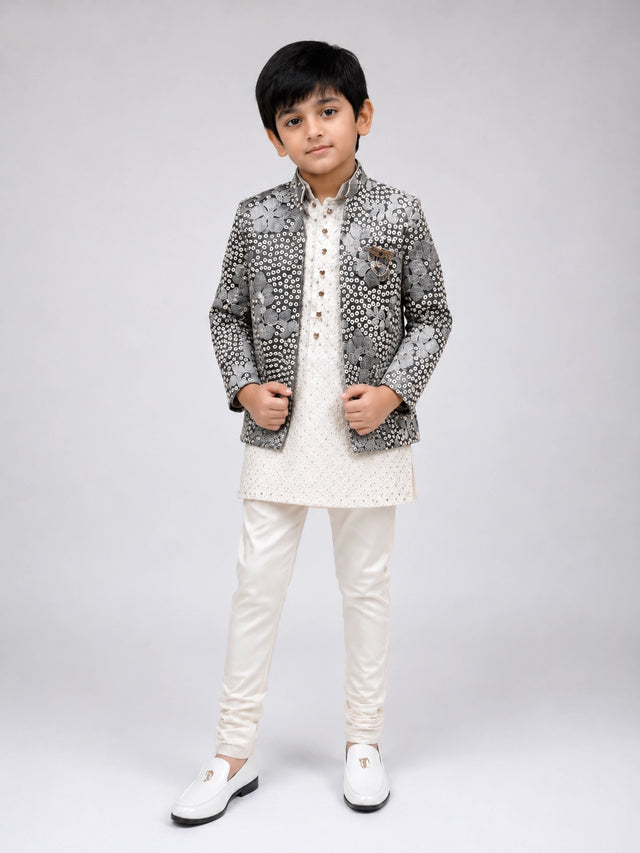 Boys Pista Printed Indo-Western Jacket Set with Cream Kurta & Pajama