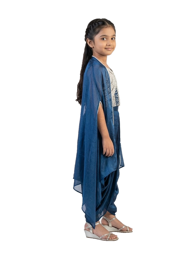 blue embellished ethnic co ord set for girls with cape style top and dhoti pants satin silk kids outfit