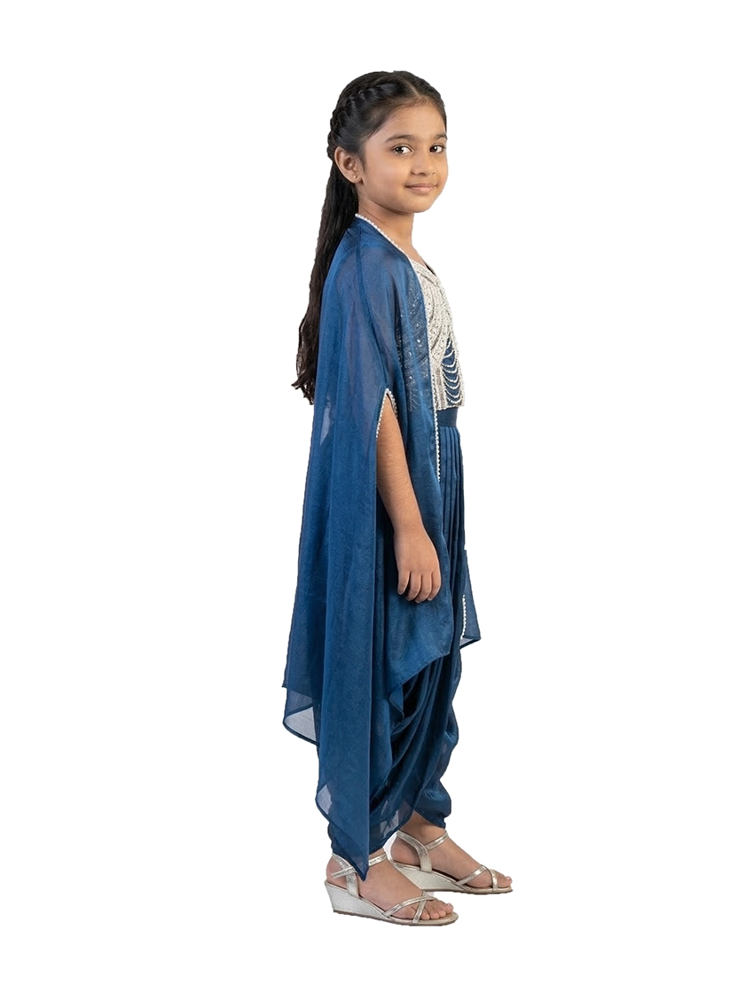 blue embellished ethnic co ord set for girls with cape style top and dhoti pants satin silk kids outfit