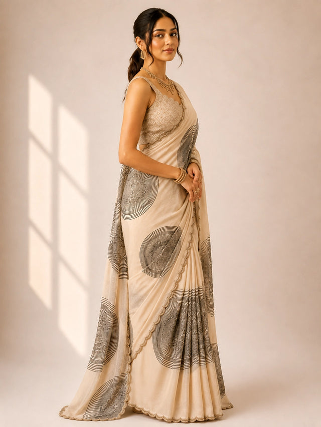 Elegant Cream  Saree with Abstract Wave Print and Embellished Blouse