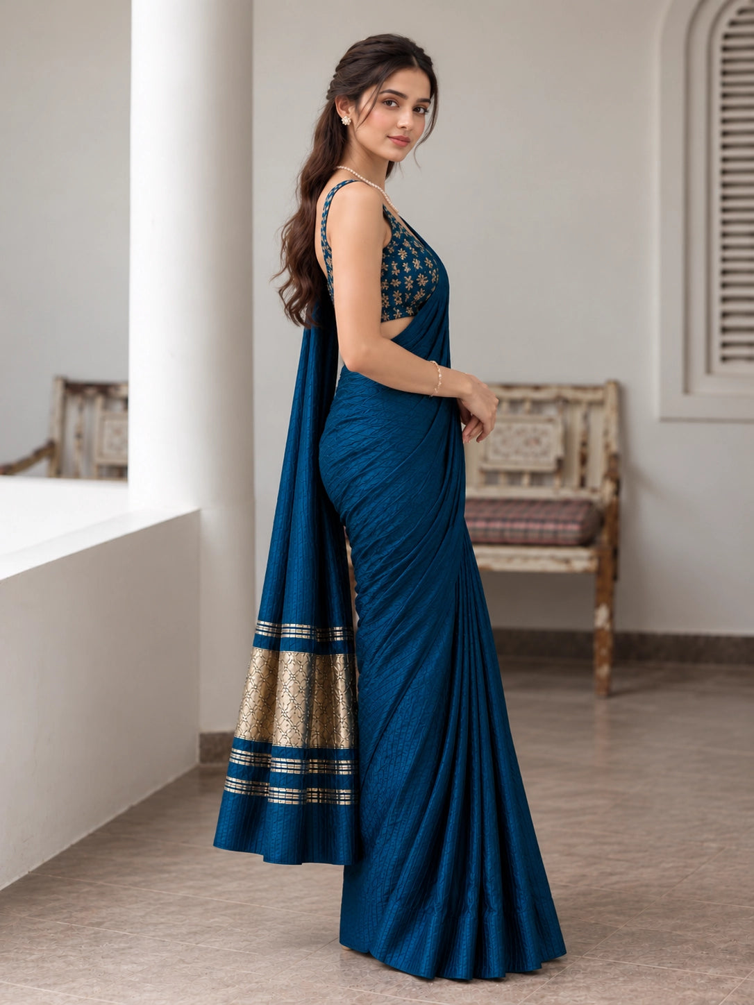 Designer Saree with Embroidered Border & Matching Blouse