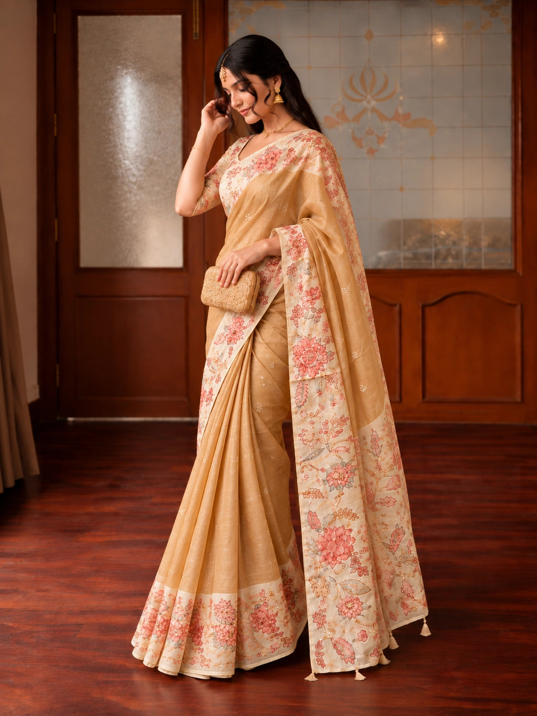 Gold Floral Printed Saree with Pink Floral Border & Pallu