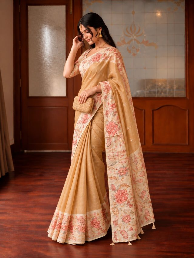 Gold Floral Printed Saree with Pink Floral Border & Pallu