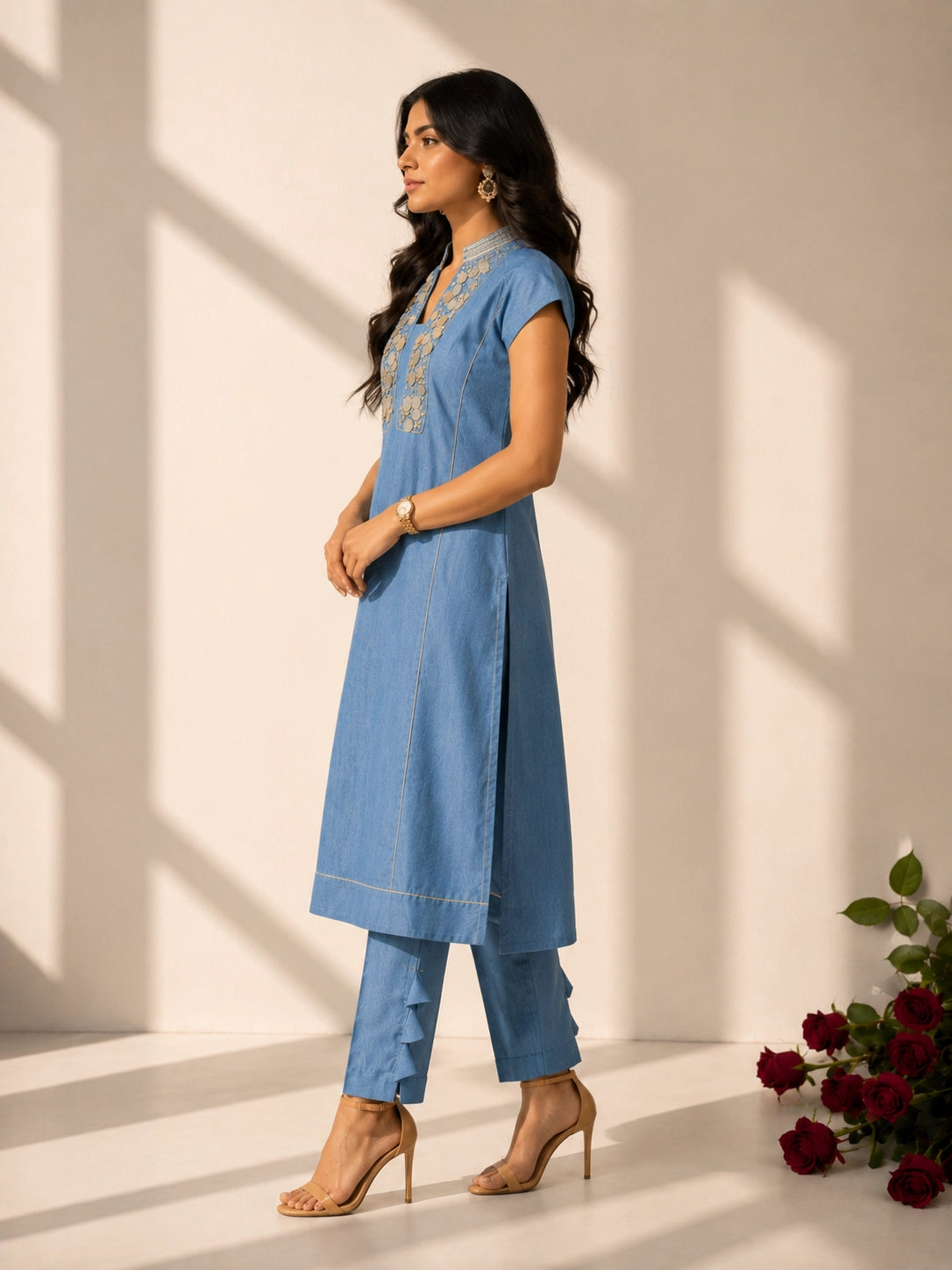 Sky Blue Embroidered Cotton Kurta Set for Women | Straight Kurta with Pants