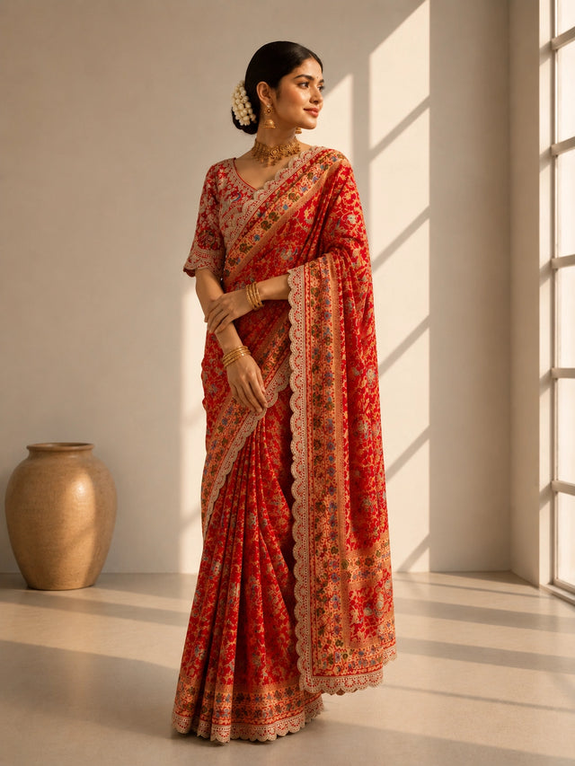 Red Floral Printed Designer Saree | Wedding & Festive Wear Saree