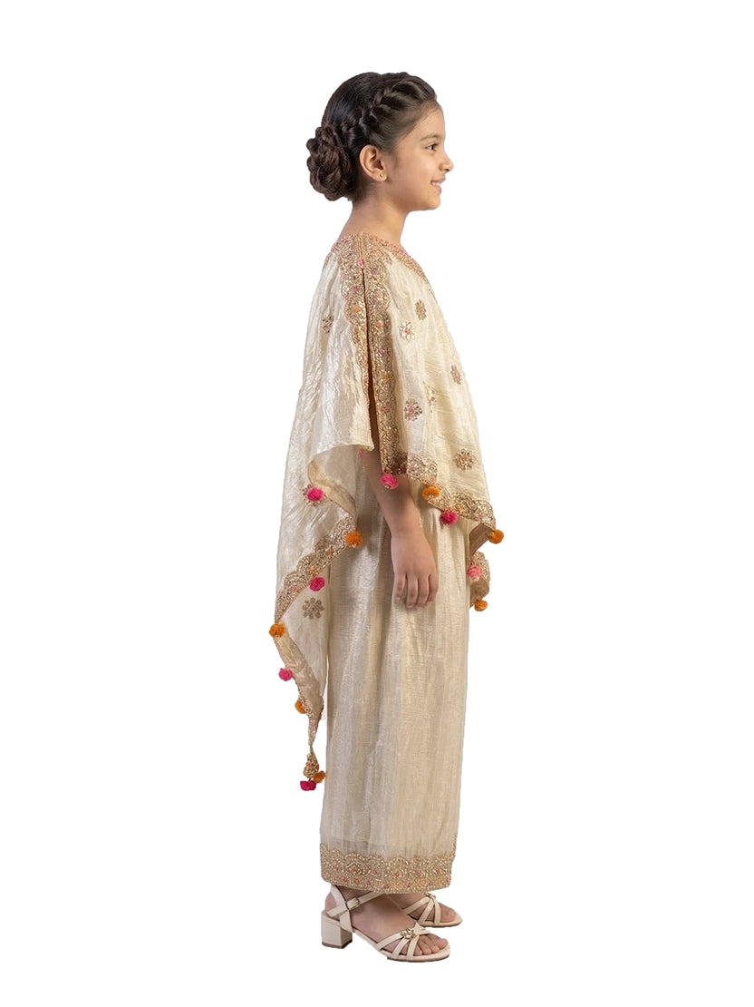 fawn embellished ethnic co ord set for girls with cape style top and pants tissue silk festive wear