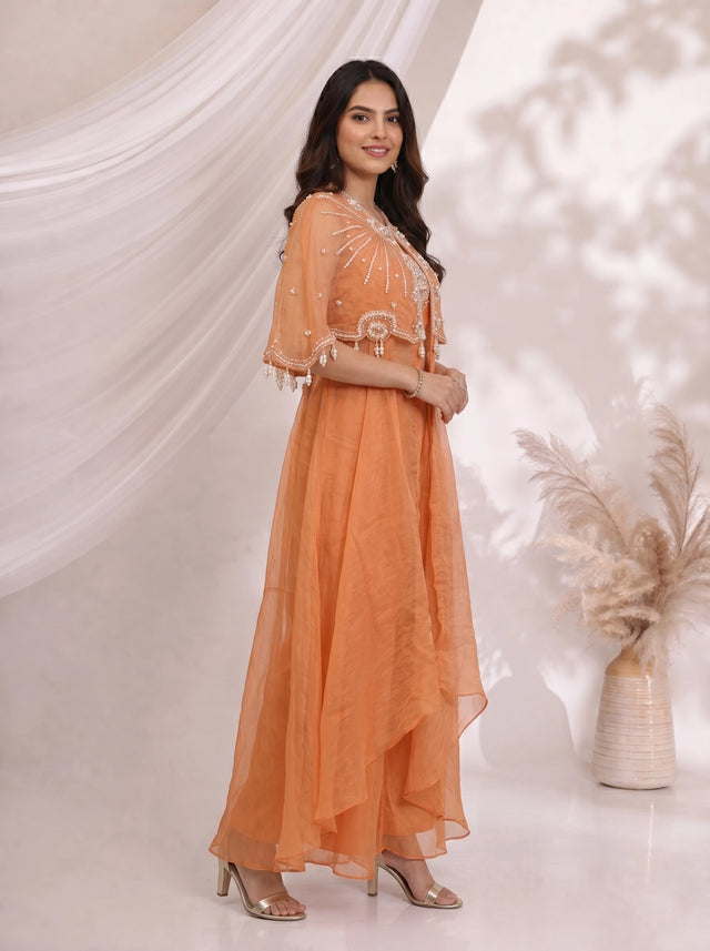 Elegant Orange Embellished Cape and Pants Set