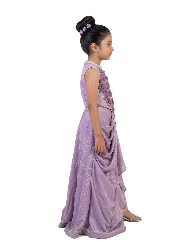 purple embellished party gown for girls with draped design synthetic kids ethnic dress
