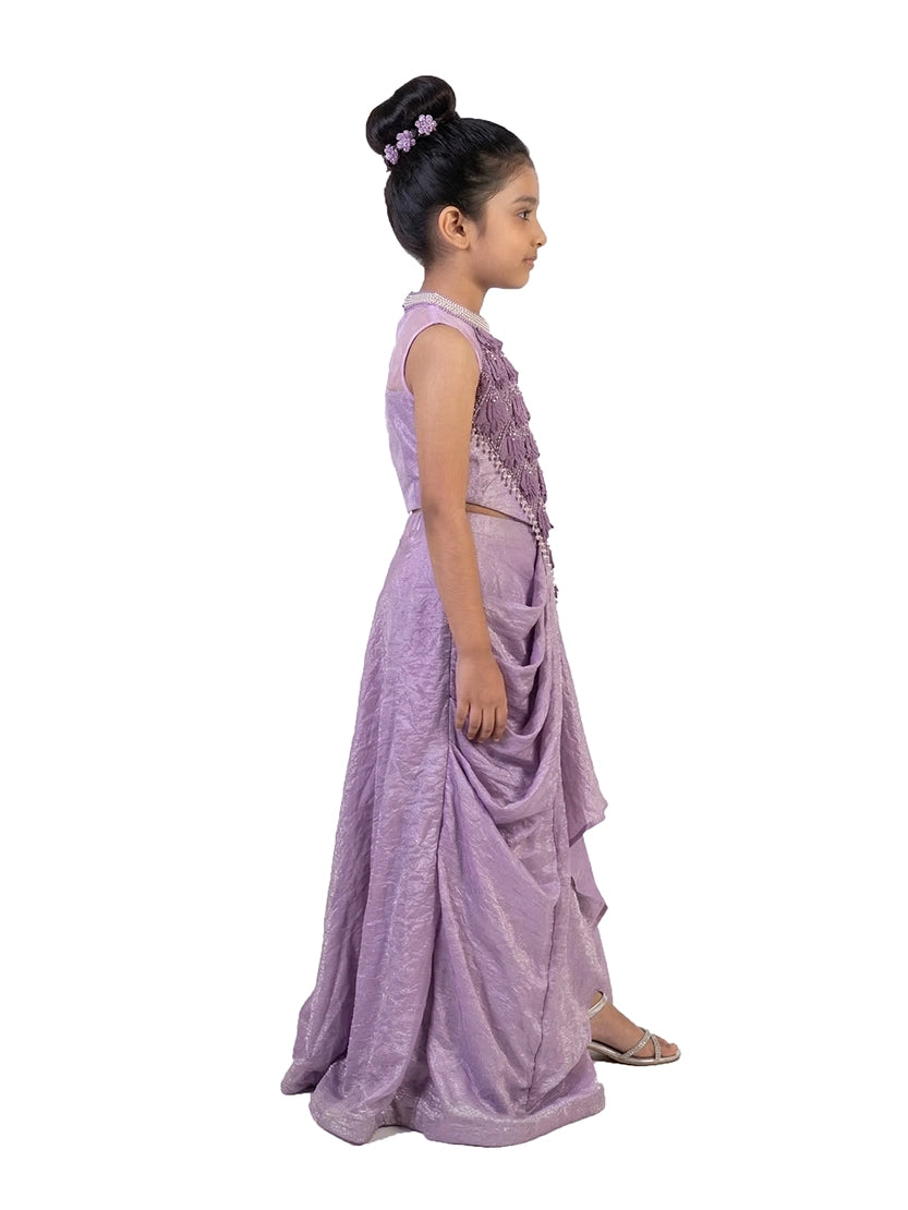 purple embellished party gown for girls with draped design synthetic kids ethnic dress