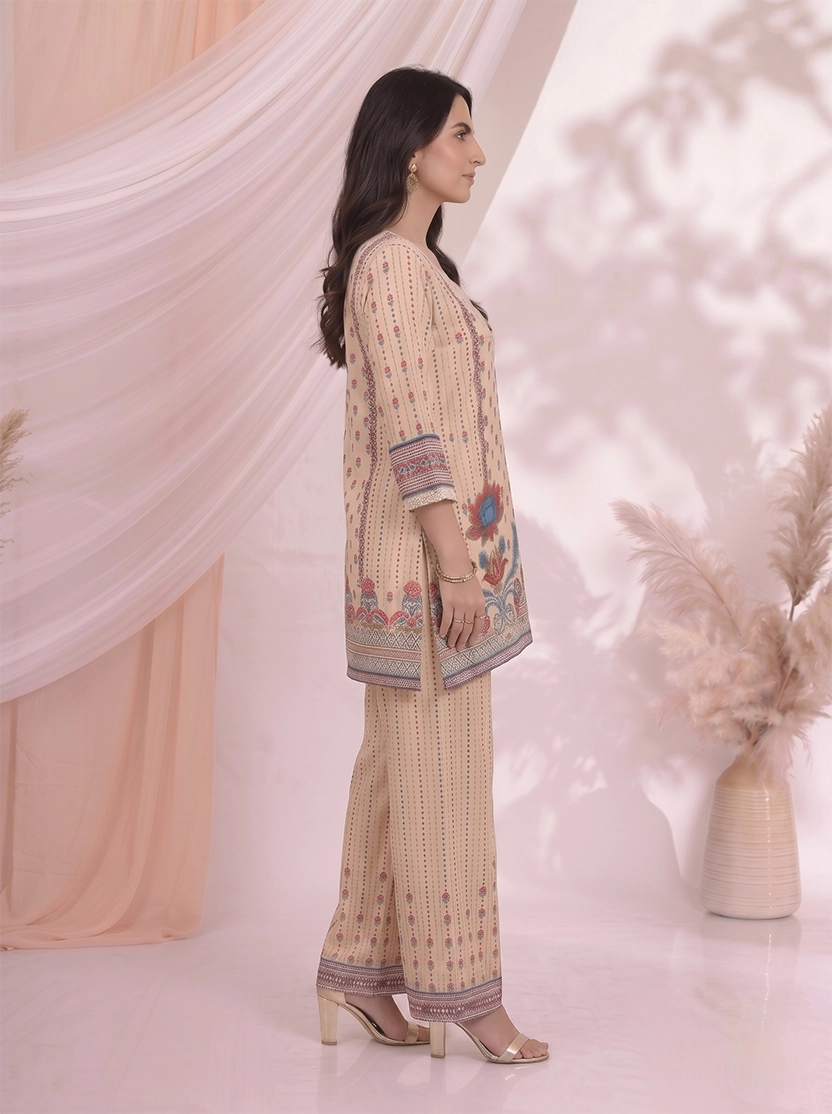 Cream Printed Co Ord Set for Women with Floral Design