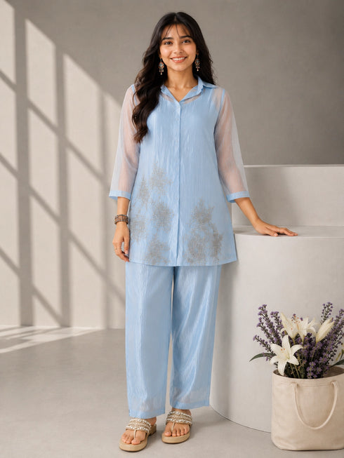 Sky Blue Embroidered Co-Ord Set with Straight Kurta & Wide-Leg Pants