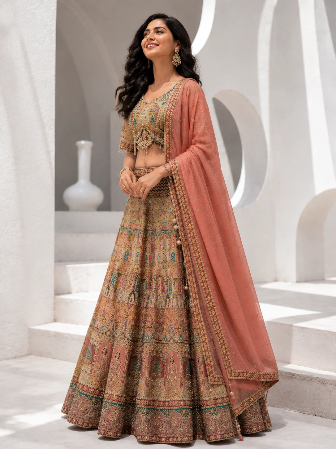 Cream Designer Bridal Lehenga with Peach Dupatta | Luxury Wedding Lehenga