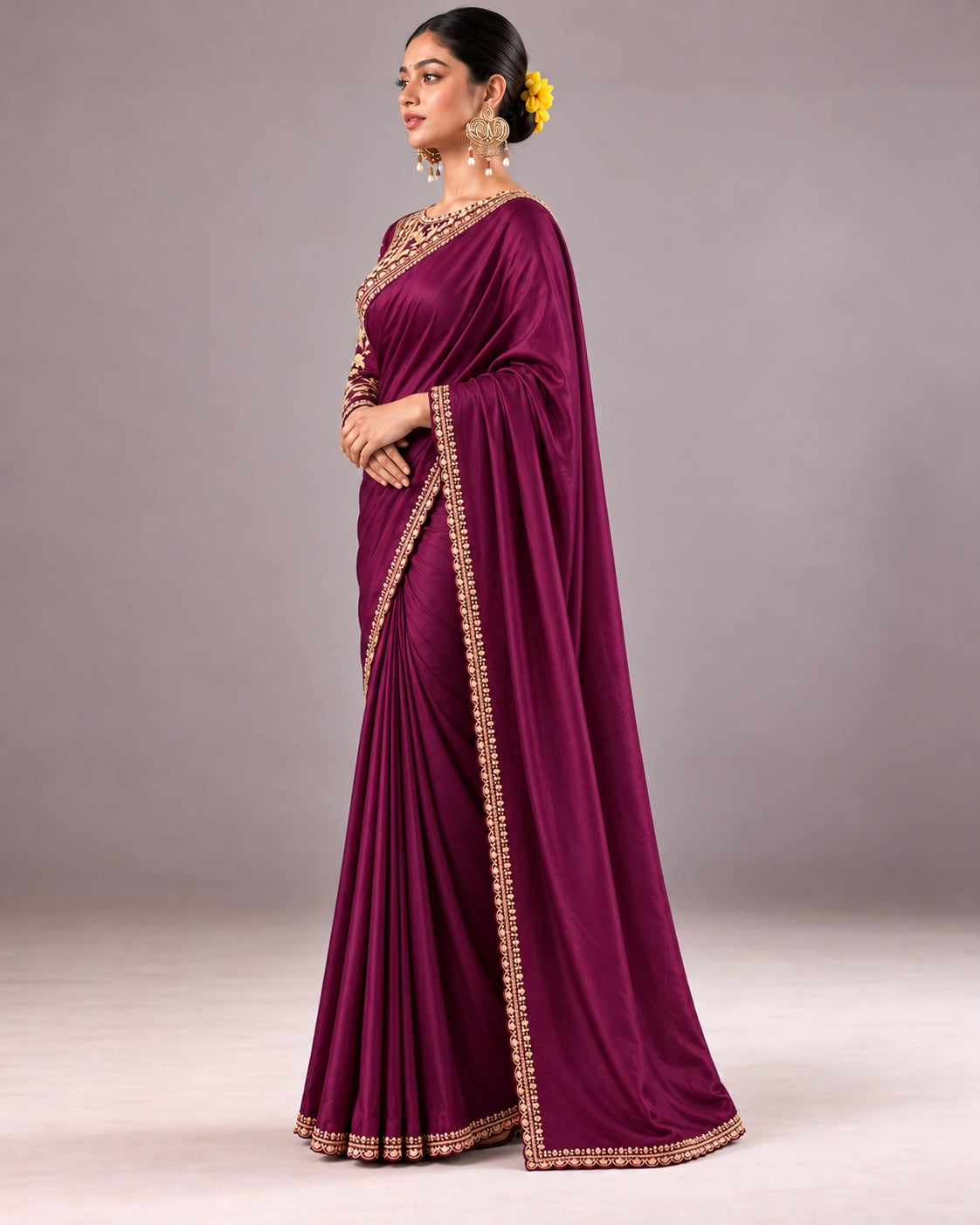 Elegant Designer Saree with Embroidered Border & Statement Blouse