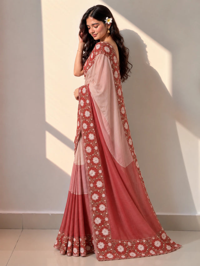 Elegant Red Ombre Saree  with Intricate Floral Embroidery