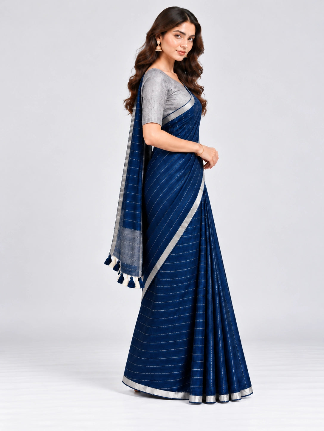 Striped Woven Saree with Metallic Border & Tassel Pallu | Elegant Ethnic Saree