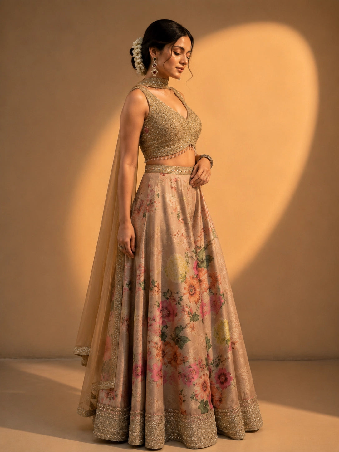 Elegant Beige Floral Designer Sharara Set with Embroidered Blouse