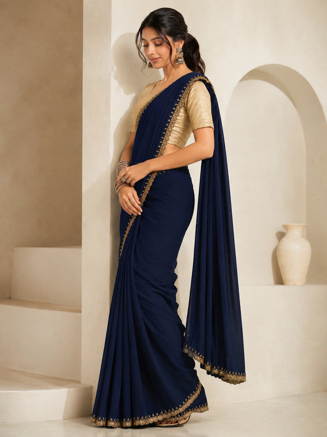 Chic Navy Blue Saree with Embellished Gold Blouse
