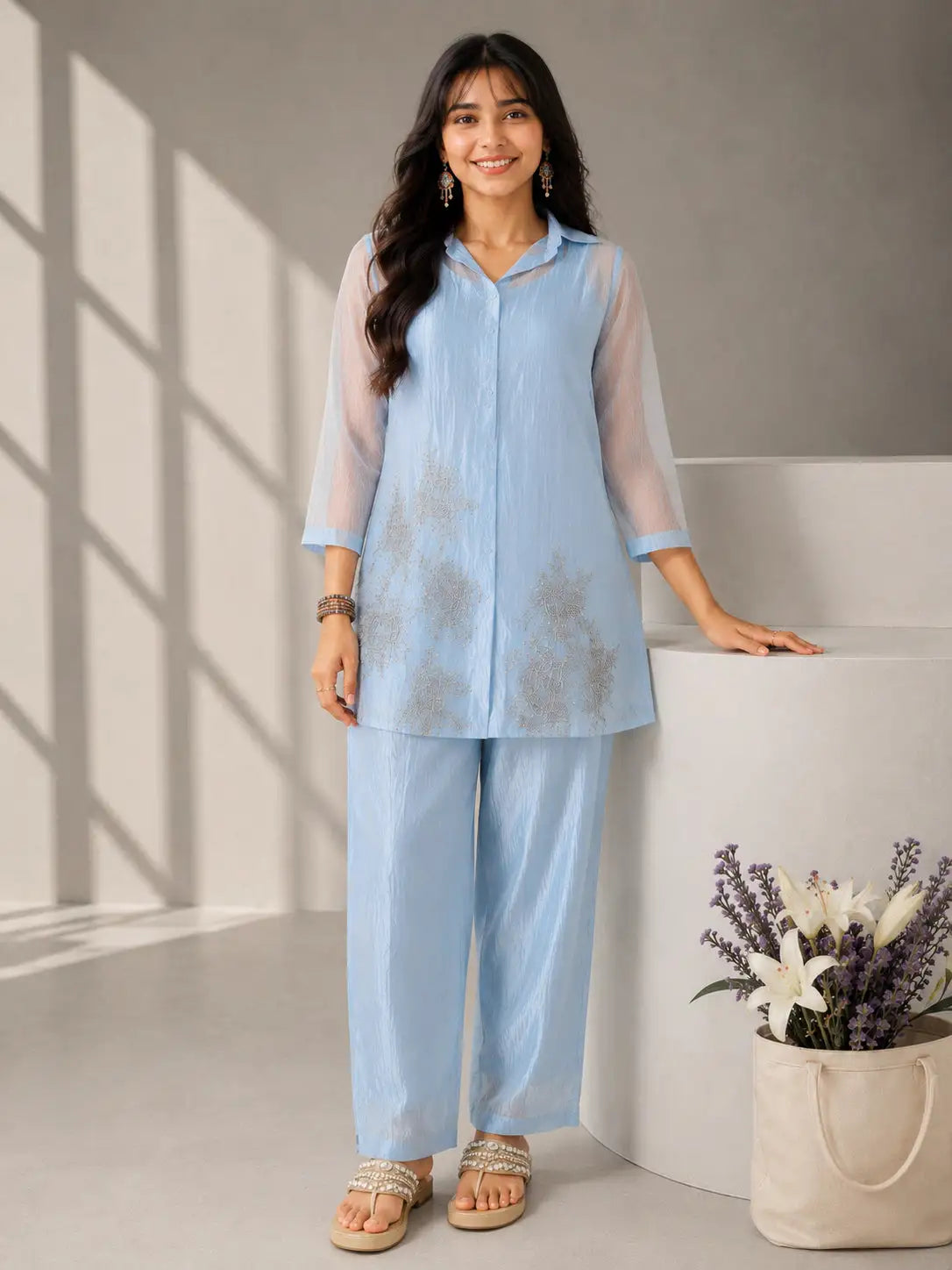 Sky Blue Embroidered Co-Ord Set with Straight Kurta & Wide-Leg Pants