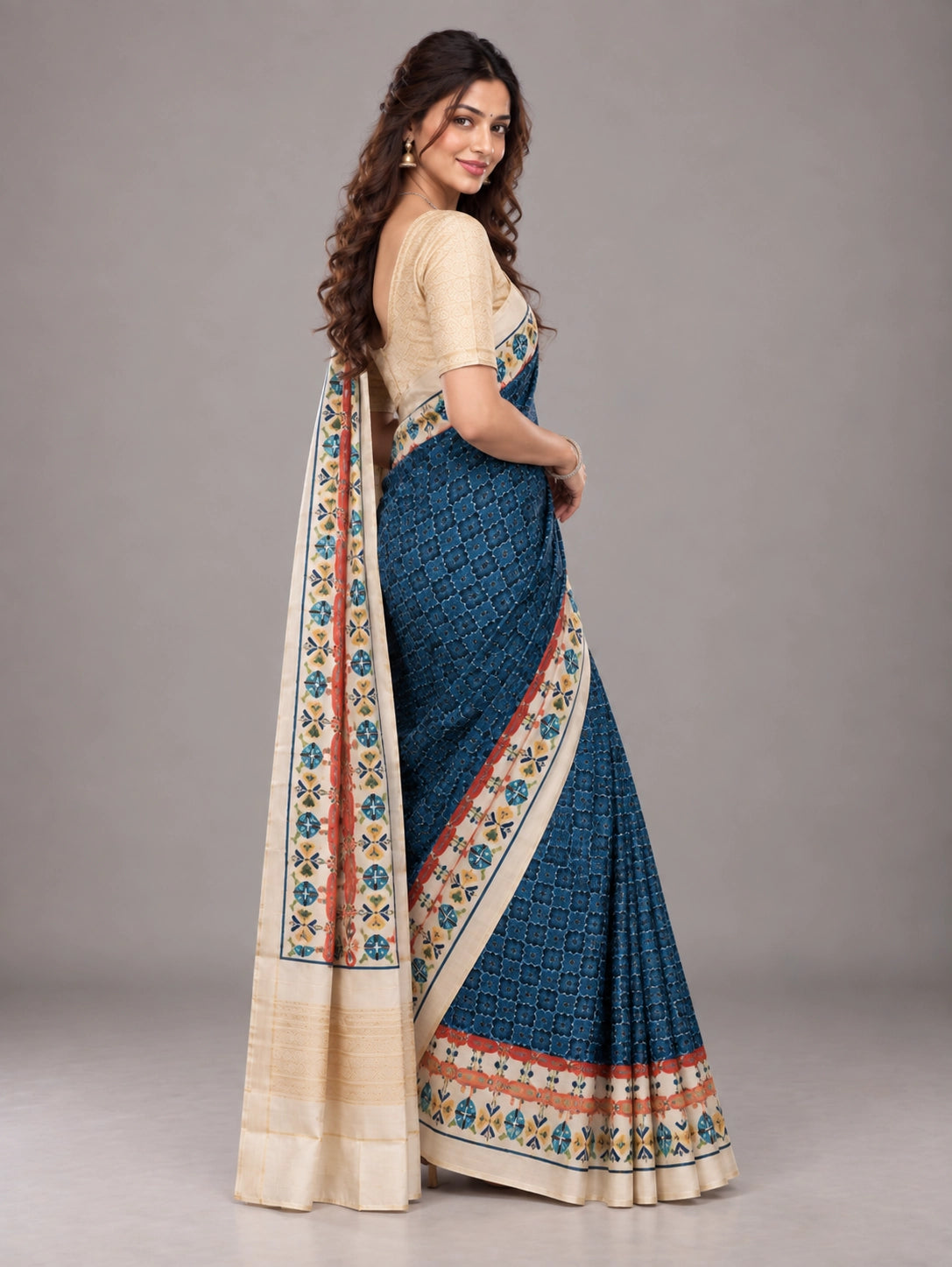 Elegant Navy Blue  Ikat Saree with Golden Blouse