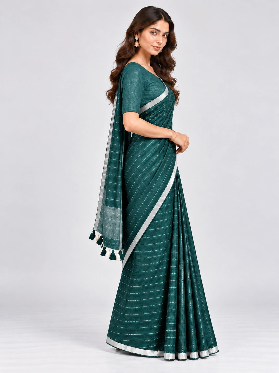 Striped Woven Saree with Metallic Border & Tassel Pallu | Elegant Ethnic Saree