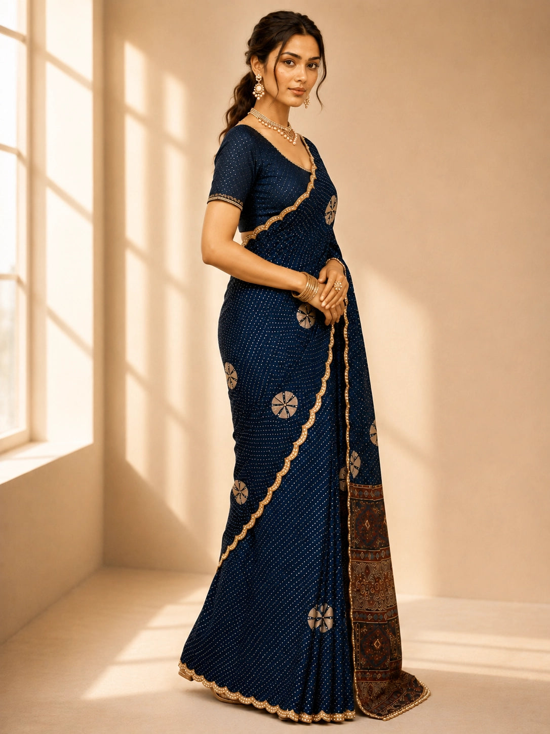 Elegant Blue  Bandhani Saree with Scalloped Border