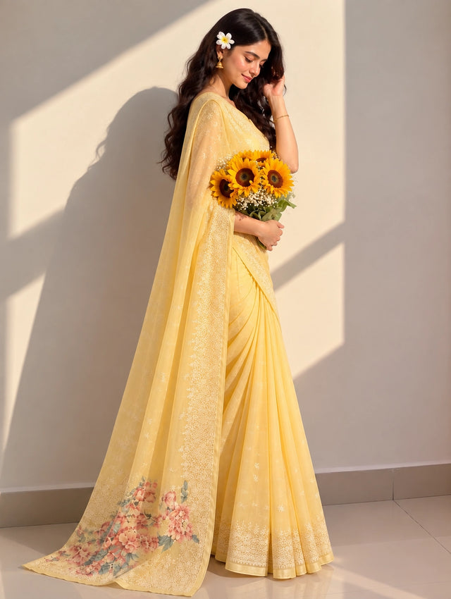 Elegant Yellow Floral Embroidered Saree