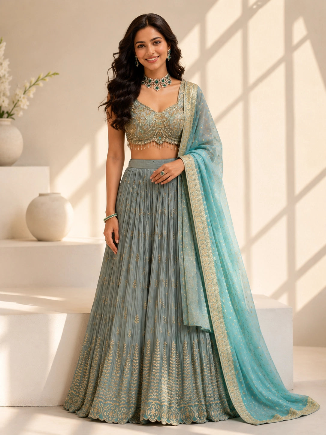 Grey Embroidered Lehenga Set with Sequins Blouse & Dupatta for Women