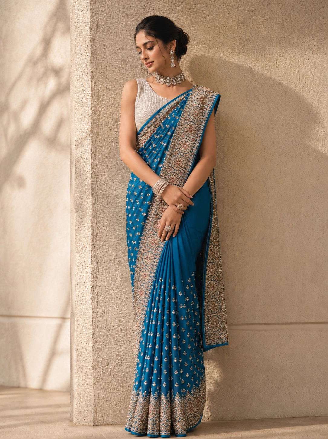 Firozi Embroidered Designer Saree with Intricate Zari Border