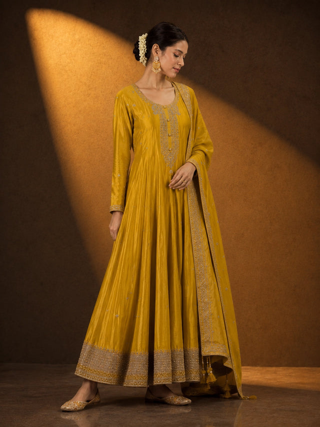 Elegant Mustard Yellow Embroidered Anarkali Suit Set