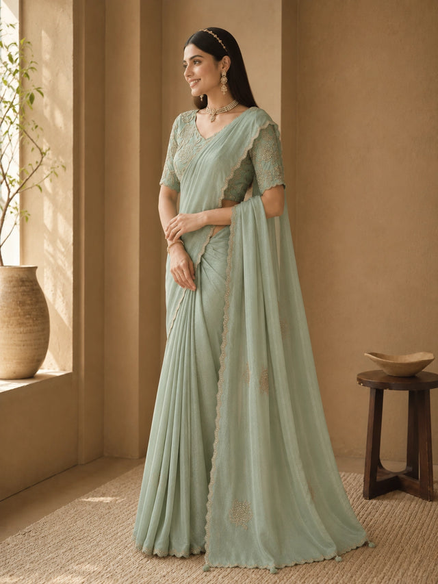 Sky Blue Embroidered Designer Saree with Sequins Work | Party & Wedding Wear Saree