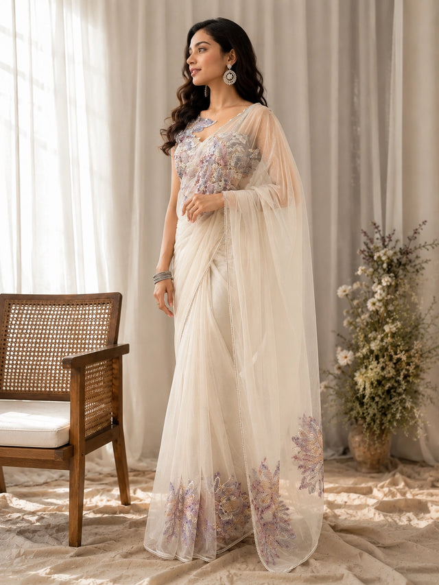 Cream Embroidered Designer Saree for Wedding & Party Wear