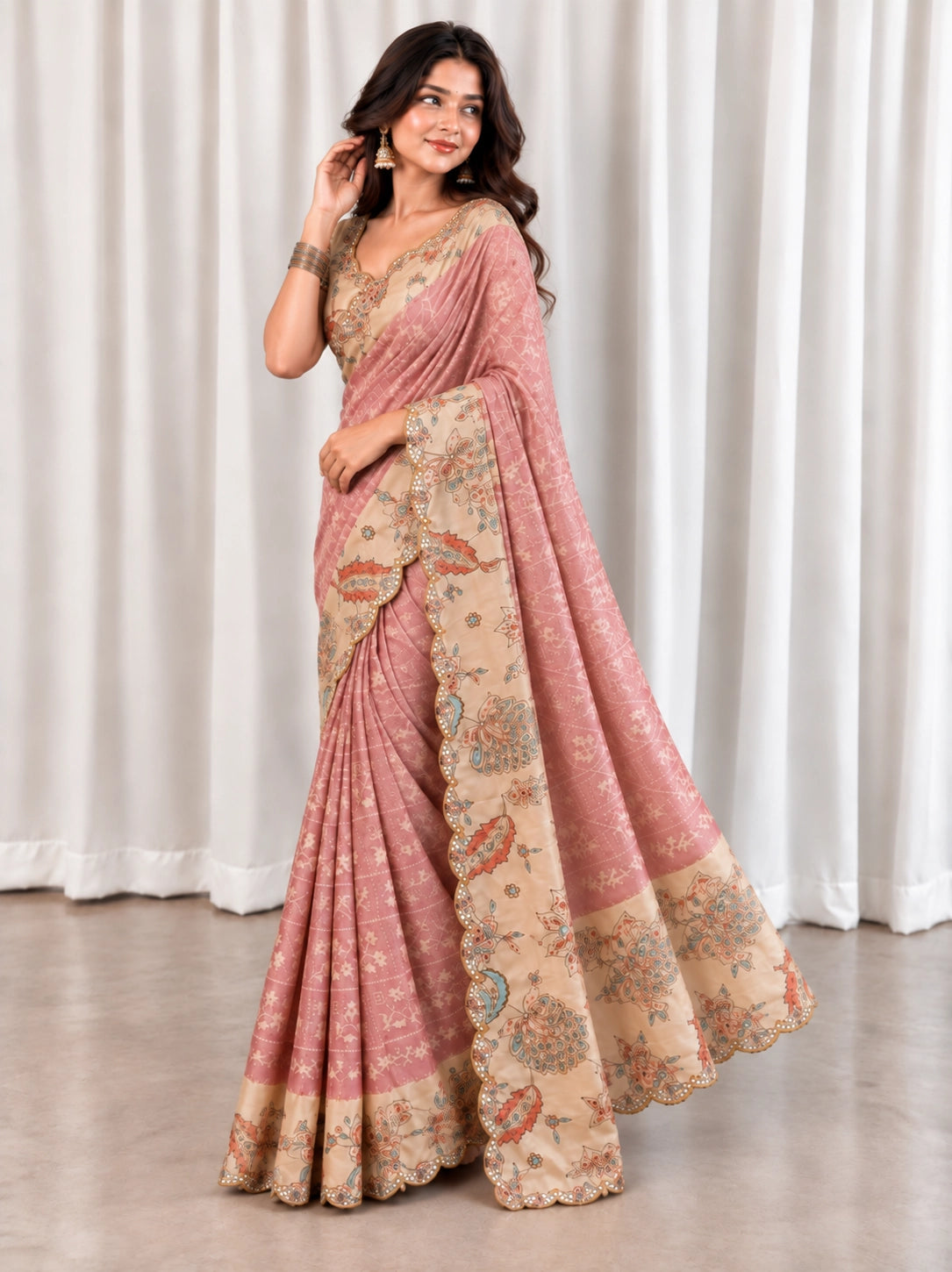 Onion Pink Embroidered Saree with Floral Border