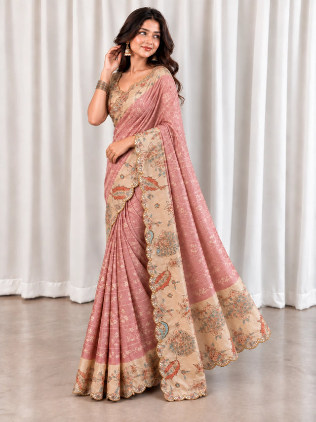 Onion Pink Embroidered Saree with Floral Border
