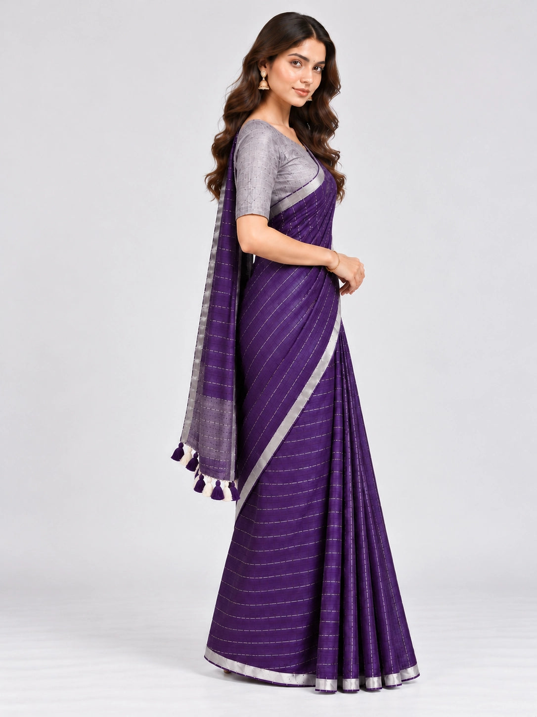 Striped Woven Saree with Metallic Border & Tassel Pallu | Elegant Ethnic Saree