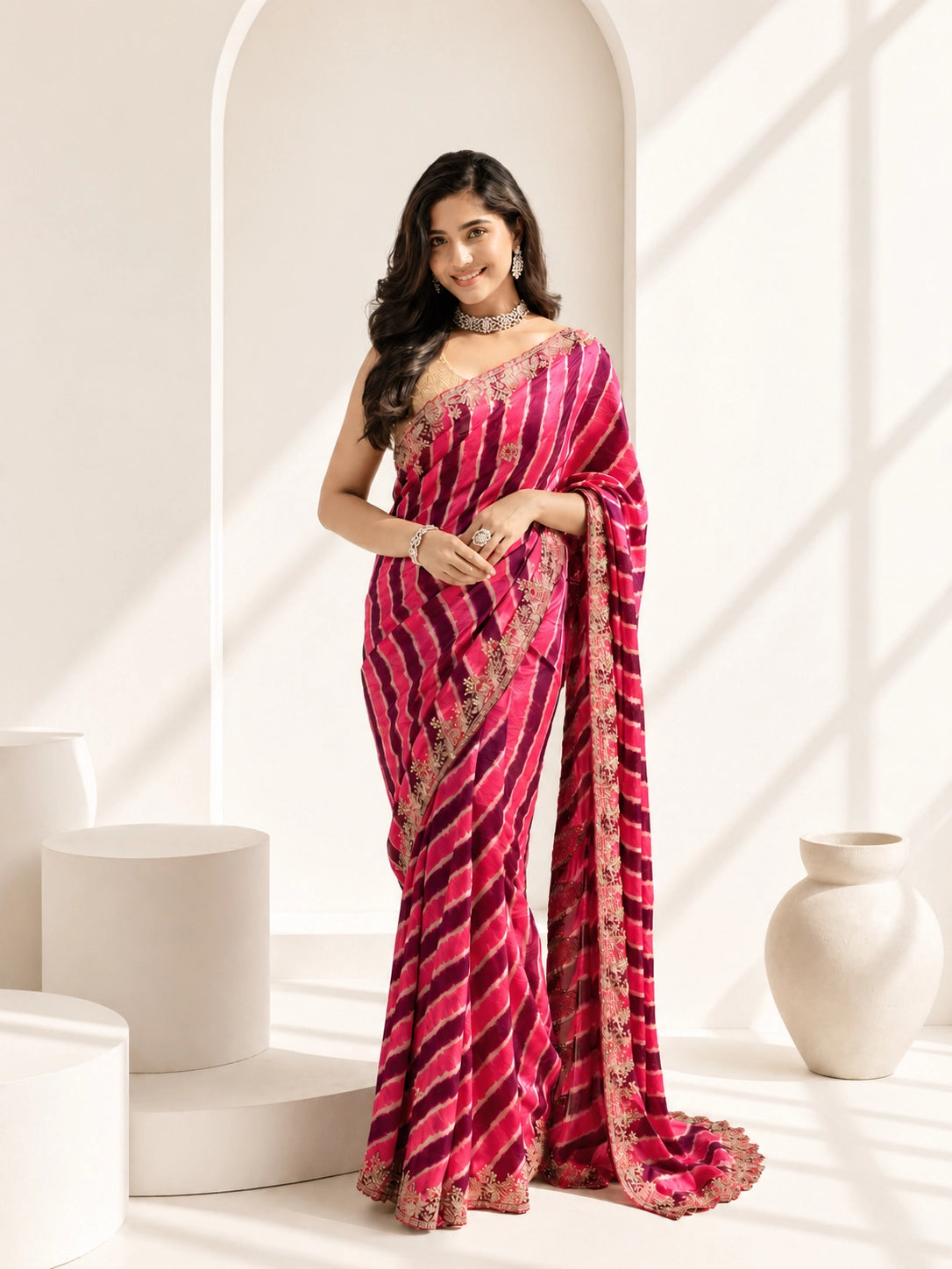 Rani Color Silk Saree with Embroidered Border | Festive & Wedding Wear