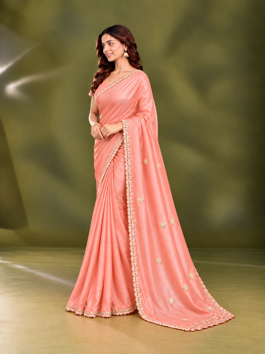 Peach Pink Embroidered Saree with Elegant Lace Border
