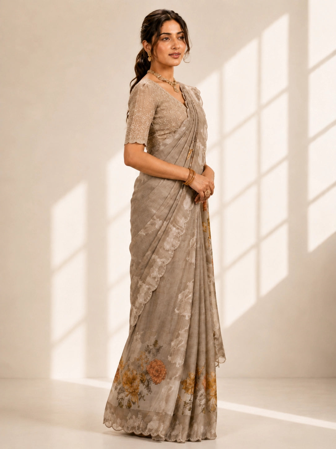 Elegant  Peach Floral Saree with Shimmering Golden Blouse