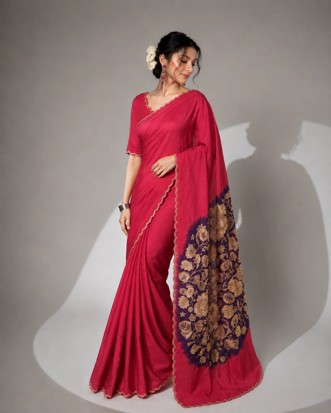Rani Designer Saree with Floral Printed Pallu & Elegant Border