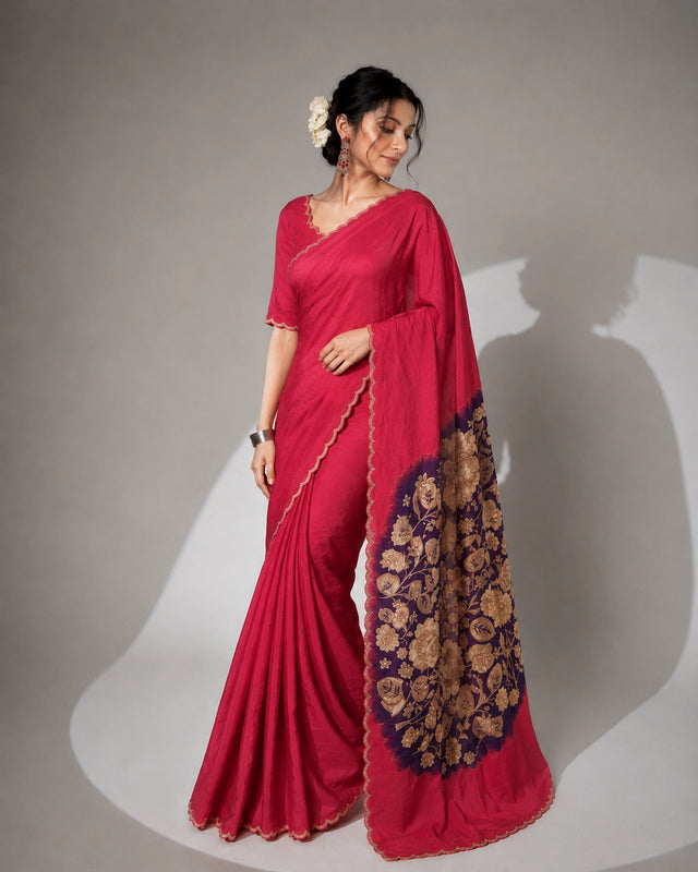 Rani Designer Saree with Floral Printed Pallu & Elegant Border