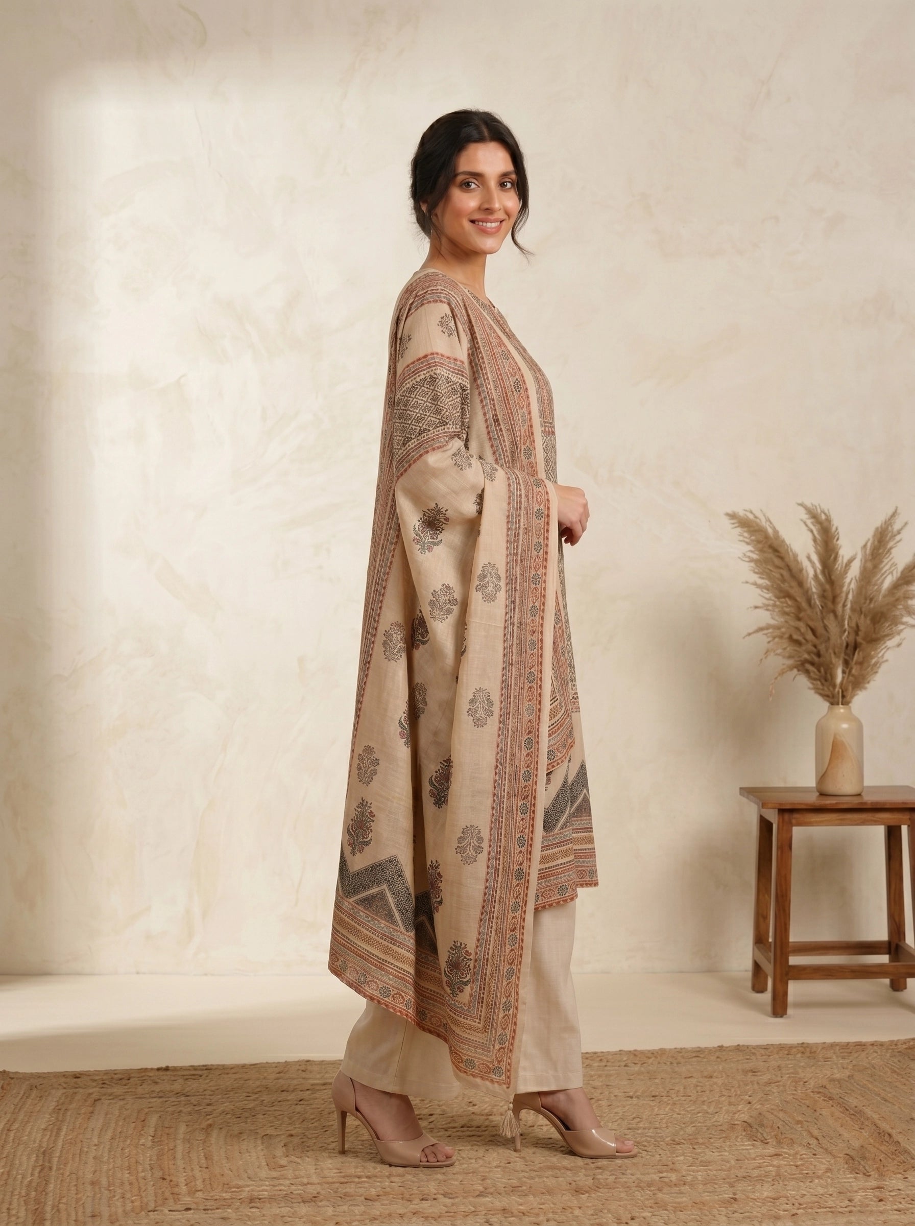 Elegant Beige Printed Kurti and Pants Set with Scarf